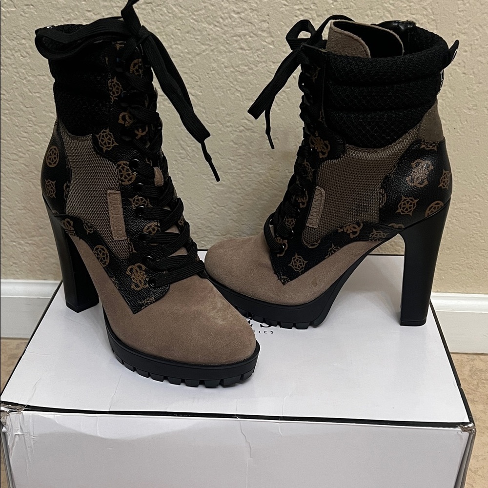 Guess Black and Tan Lace-Up Heeled Boots